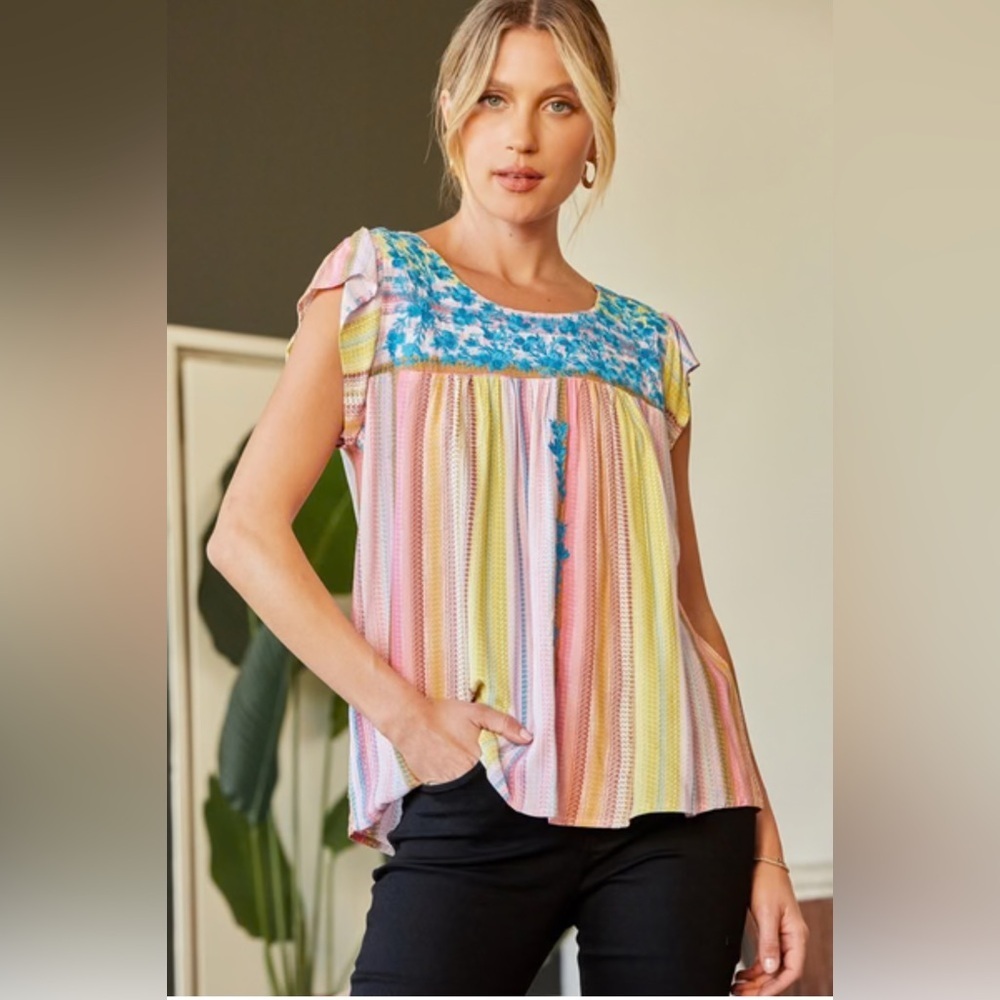 Savanna Jane Embroidered Multicolor Striped Women's Top